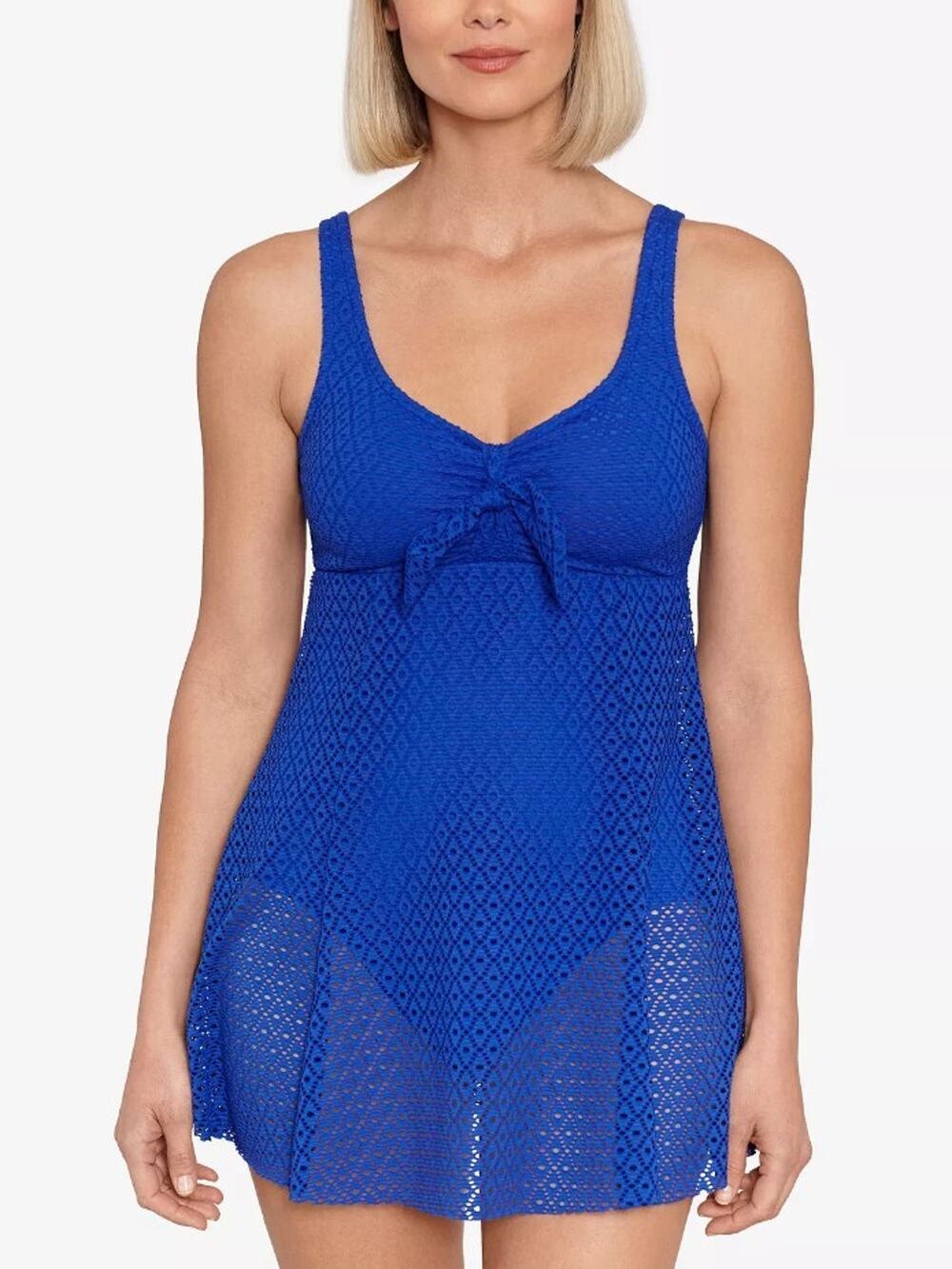 Swim Solutions Women's Crochet Bow-Front Tummy-Control Swimdress Cobalt Blue - Picture 1 of 1